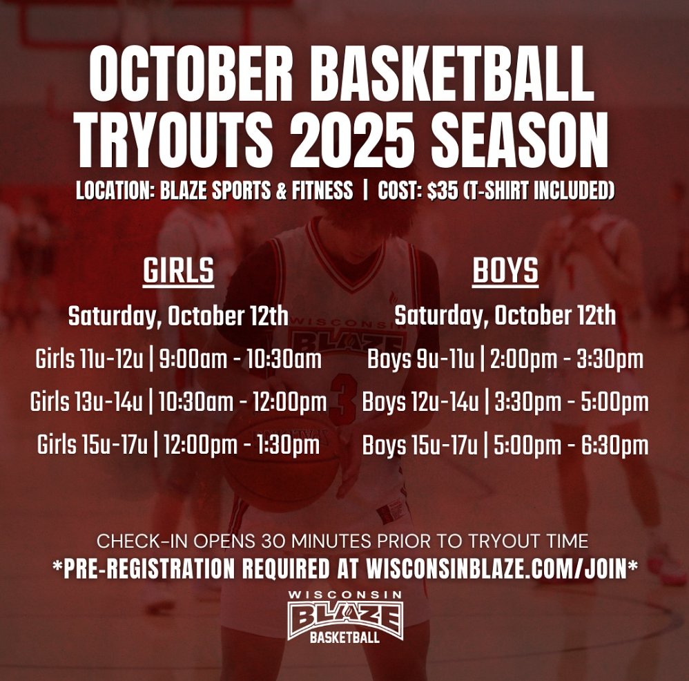 WisconsinBlaze_'s tweet photo. Registration is now open for WI Blaze October Basketball Tryouts! Join us for our 2024-2025 boys and girls AAU basketball season by registering at https://t.co/gCZWdDgiHC π₯ #wisconsinblaze https://t.co/wEXzTKpeIo