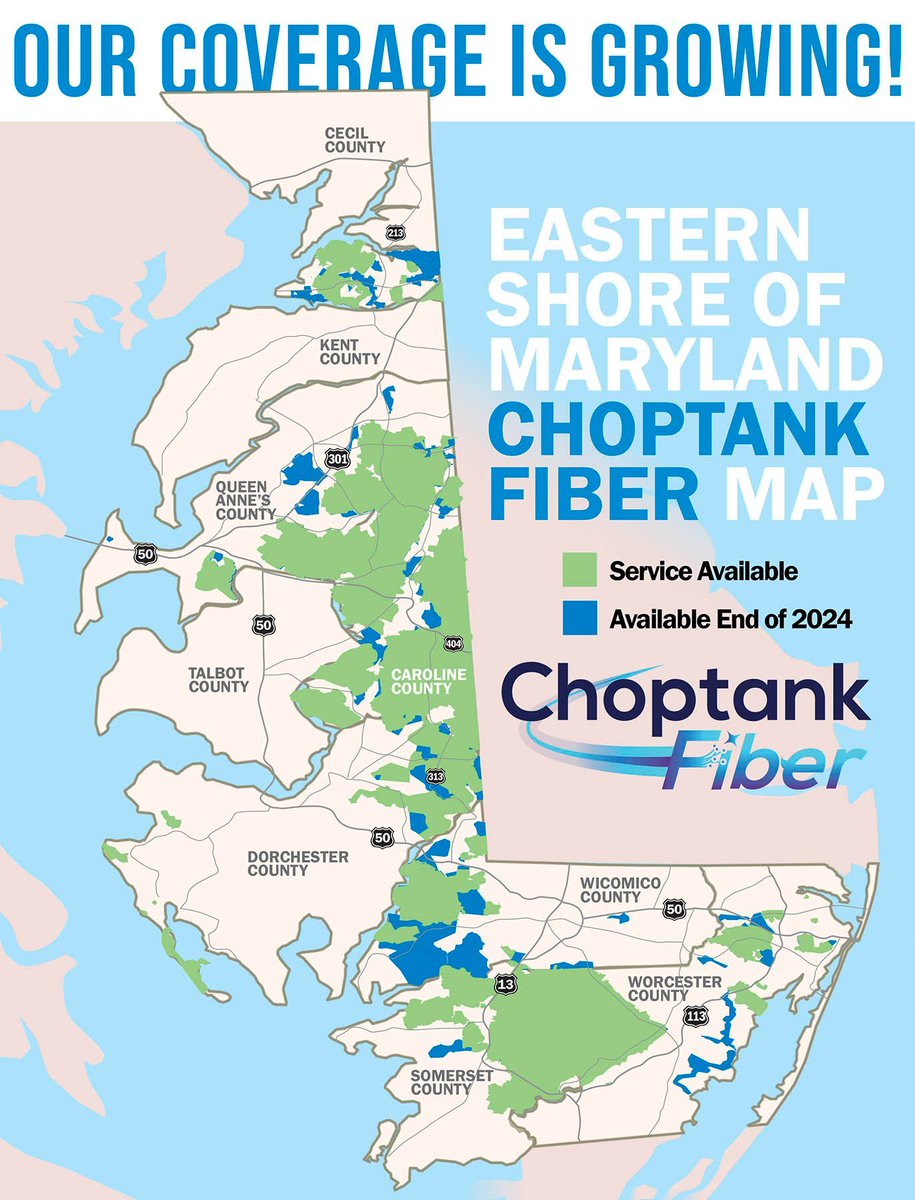 choptankcoop's tweet photo. Our Fiber coverage is growing! To get a close look at the map please go to our website: https://t.co/DbjZH258qf https://t.co/nowhDv4LDM