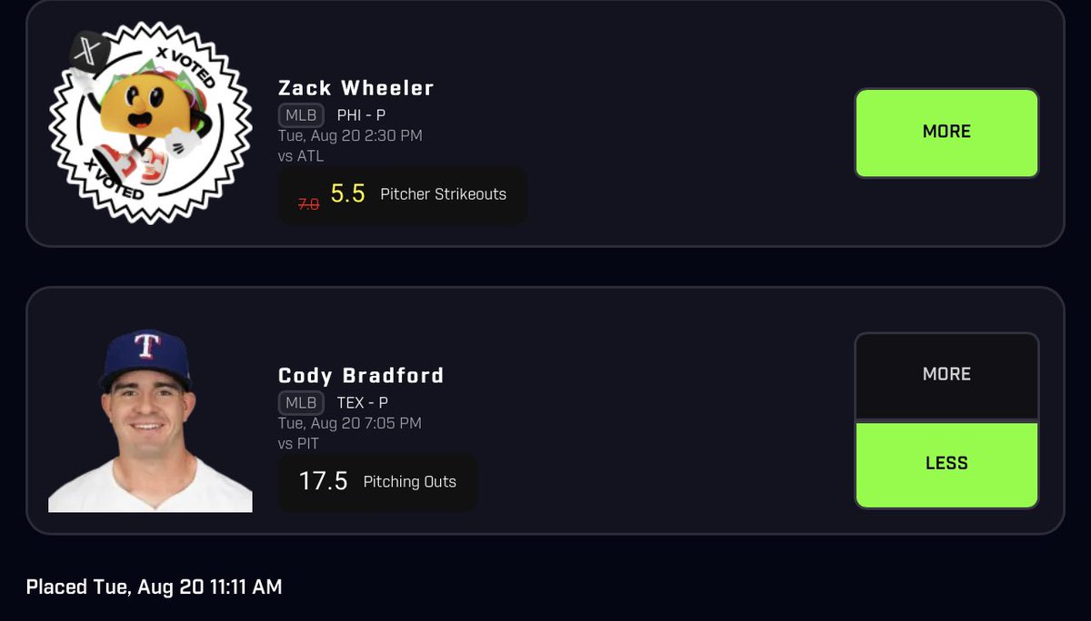 Taco pair #1 Cody currently -148 to go under 17.5 PO
#mlbprizepicks #mlb #Underfatansy #PrizePick #Prizepickmlb #bettingpicks