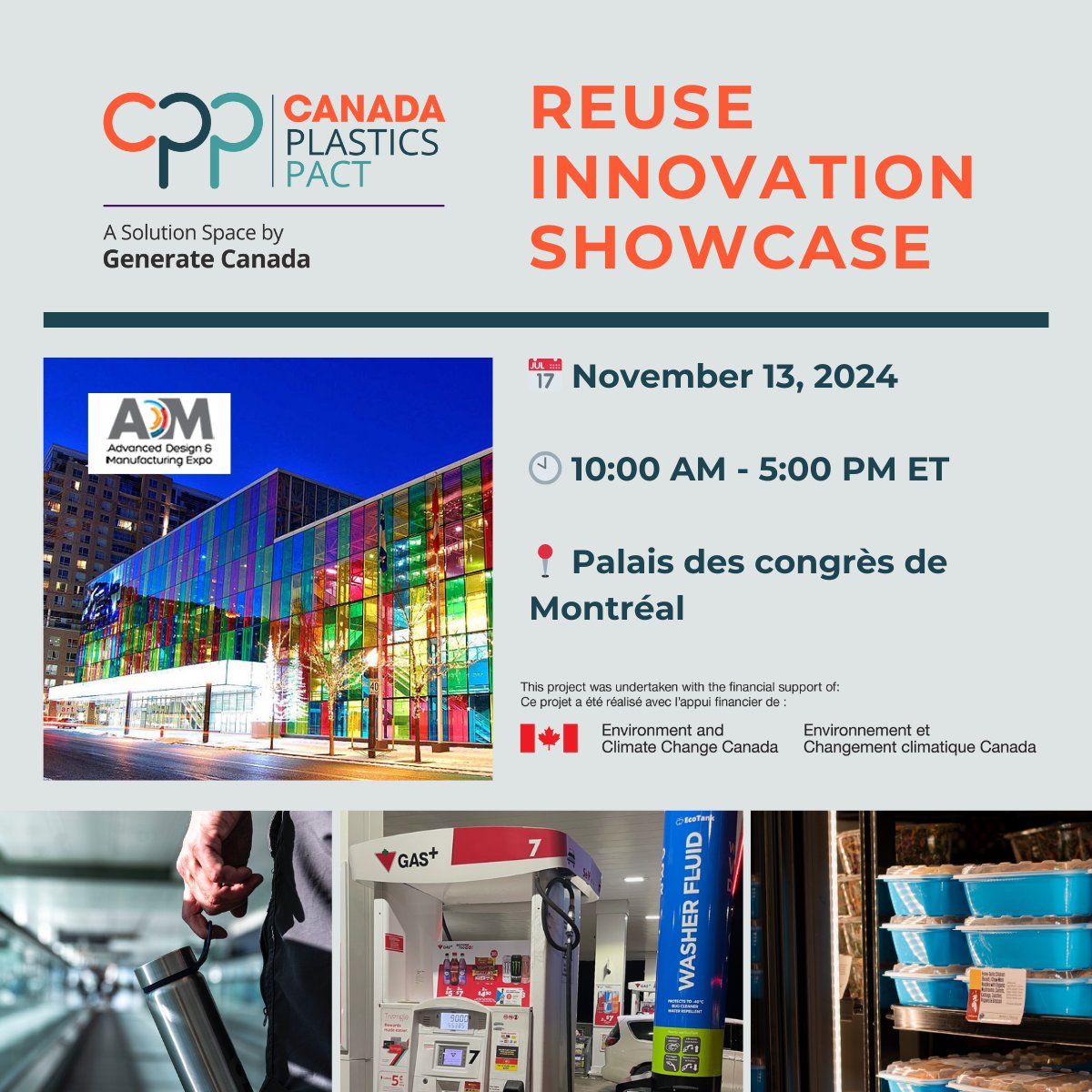 Explore #reuse &amp; #refill solutions at the <a href="/CanadaPact/">Canada Plastics Pact</a> and <a href="/environmentca/">Environment Canada</a> Reuse Innovation Showcase on Nov 13, 2024 at #ADMMontreal! 

It’s your opportunity to network with leaders, explore innovations, and meet investors.

admmontreal.com/en/home.html