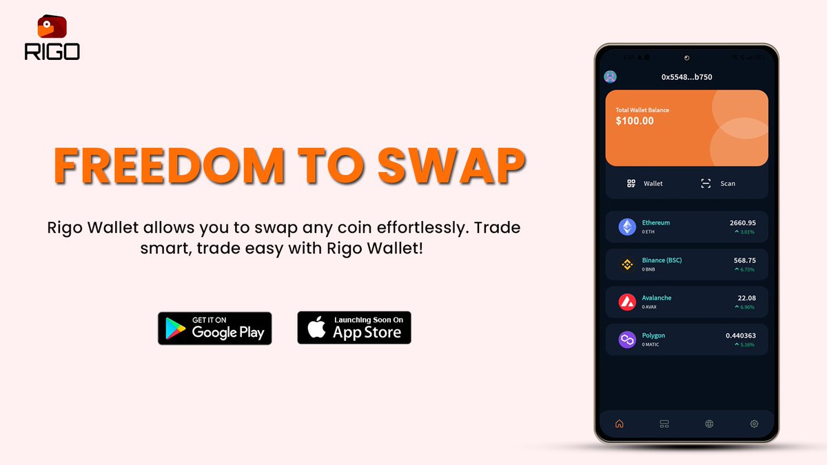 rigowallet's tweet photo. 🚀 Swap any coin with ease using #RIGO Wallet!  Just a tap to swap, save, and grow your portfolio. 💸 Start swapping like a pro—click the link in our bio today! 🔥A powerful product for $TRIGO community. https://t.co/wyp075XBB1