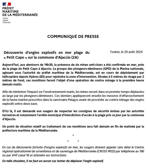 Premarmed's tweet photo. #CommuniquéDePresse | Découverte d’engins explosifs en mer, plage du Petit Capo, sur la commune d’Ajaccio (2A) 👇 https://t.co/1dIJjGbfr6