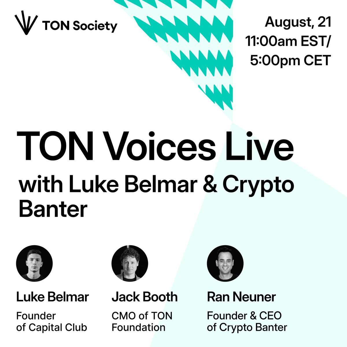 toncommunity's tweet photo. TVL #5 with @crypto_banter’s @cryptomanran and @lukebelmar is happening this Wednesday! 🔜

📅 August 21st, 3:00 PM UTC / 5:00 PM CET / 11:00 AM EST

Mark your calendars and hit "Notify me" on YouTube so you don’t miss it! ⬇️

https://t.co/nLFRdAmpSh https://t.co/i2cGZburCl
