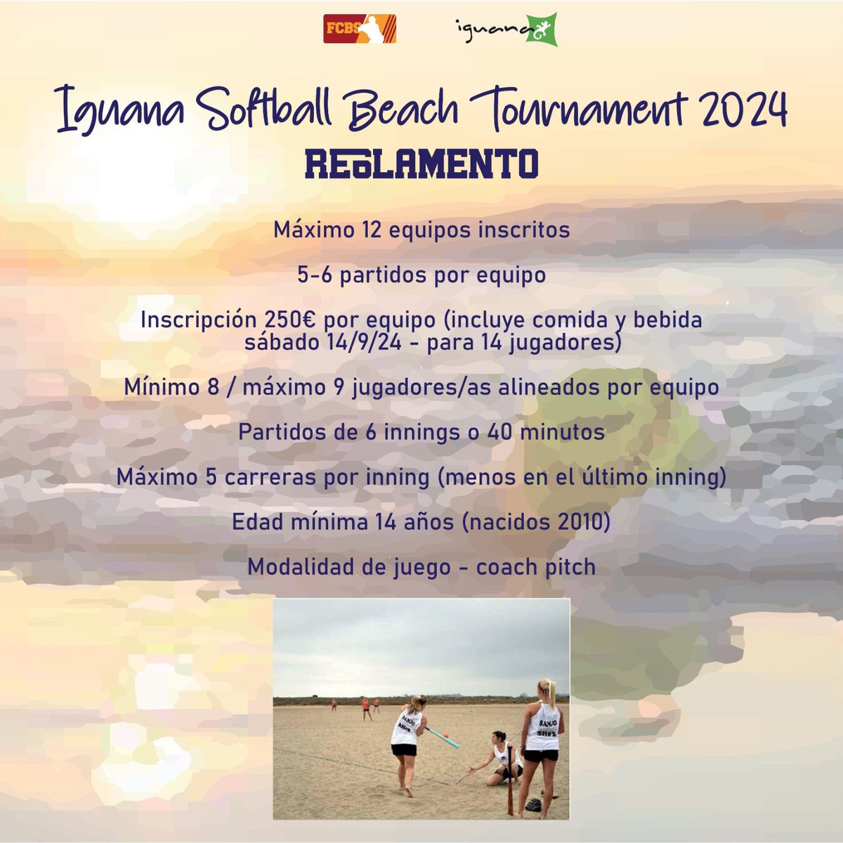 IGUANA SOFTBALL BEACH TOURNAMENT
🦎 🥎 🏖️ 🏆
📅 14 y 15 de Septiembre
📍 Chiringuito Iguana Castelldefels

👉 Inscripciones (fecha máxima 6 de Septiembre):
forms.gle/FpBQyMaCYSujVE…