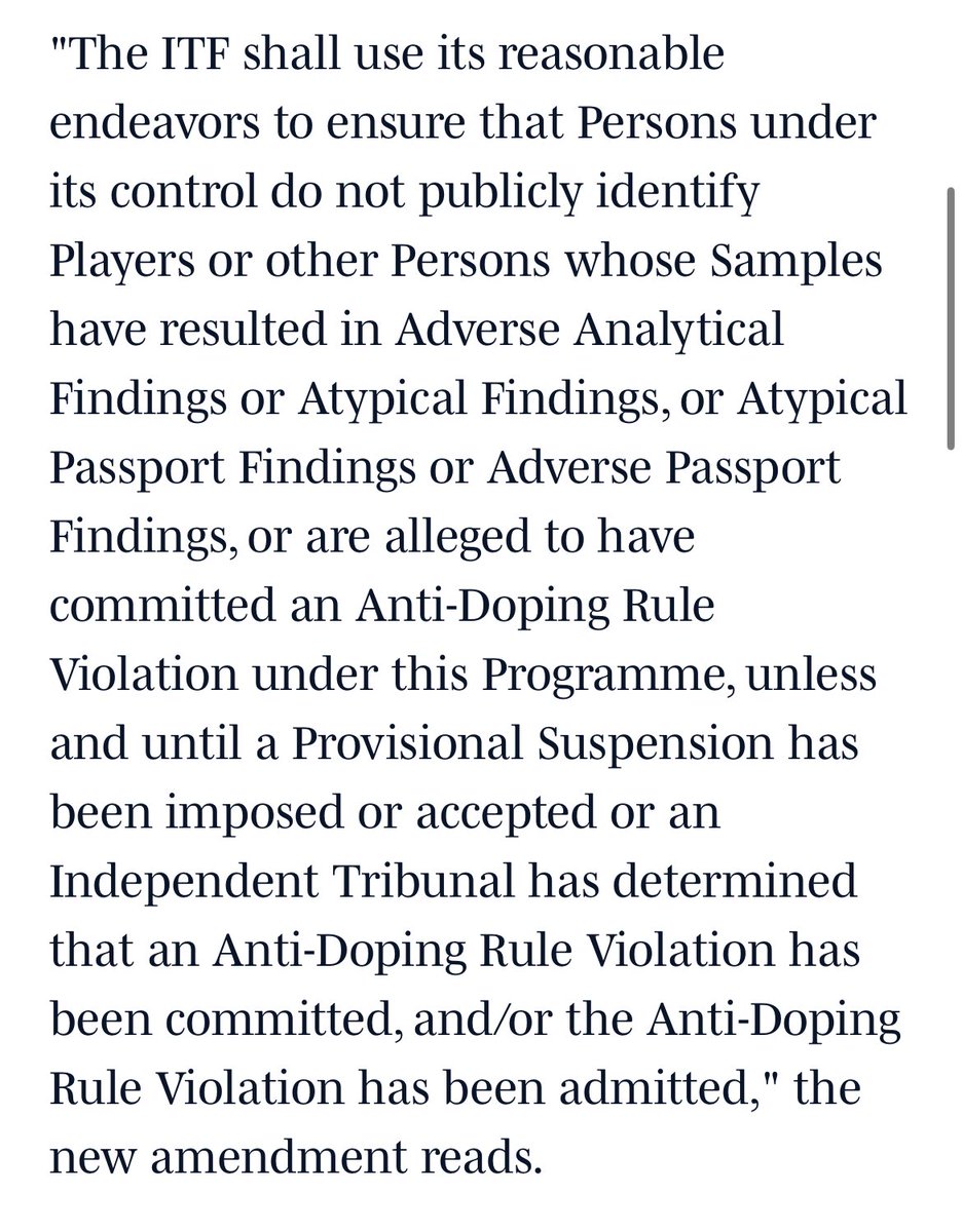BlairHenley's tweet photo. In 2016, the ITF announced it would publicly announce “adverse findings” if a player was provisionally suspended.

Per the policy, if a player didn’t accept a provisional suspension, the pos. test wouldn’t be made public until a resolution was reached. 

https://t.co/xTnSPWNfg4 https://t.co/wyG7szHP9w