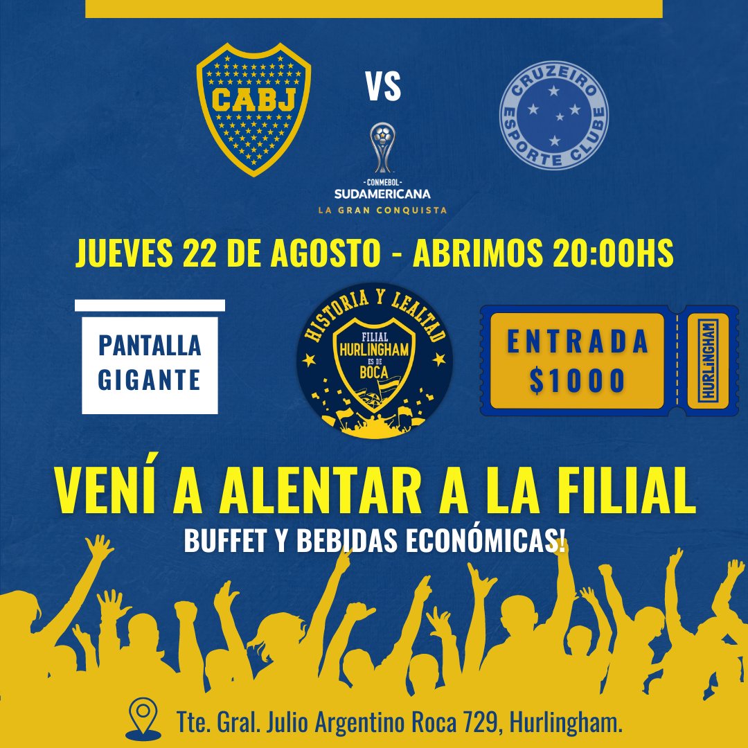 HurlinghamBoca's tweet photo. Vení a ver el partido a la Filial 🇸🇪
⚽ BOCA vs Cruzeiro
🏆 Copa Sudamericana
🕖Abrimos a las 20:00hs
🍔Buffet y bebidas a precios económicos.
🔳 Pantalla gigante
📍Tte. Gral J.A Roca 729, Hurlingham.

⚠️ ENTRADA: $1000 ⚠️ https://t.co/1t1Zv7mvcU