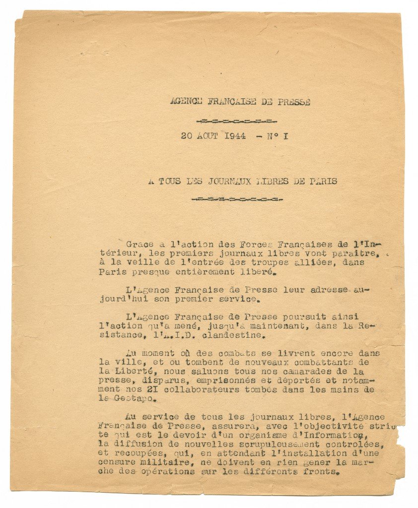 #AFP  a 80 ans . Sa première dépêche diffusée le 20 août 1944. "A tous les journaux libres de Paris ...