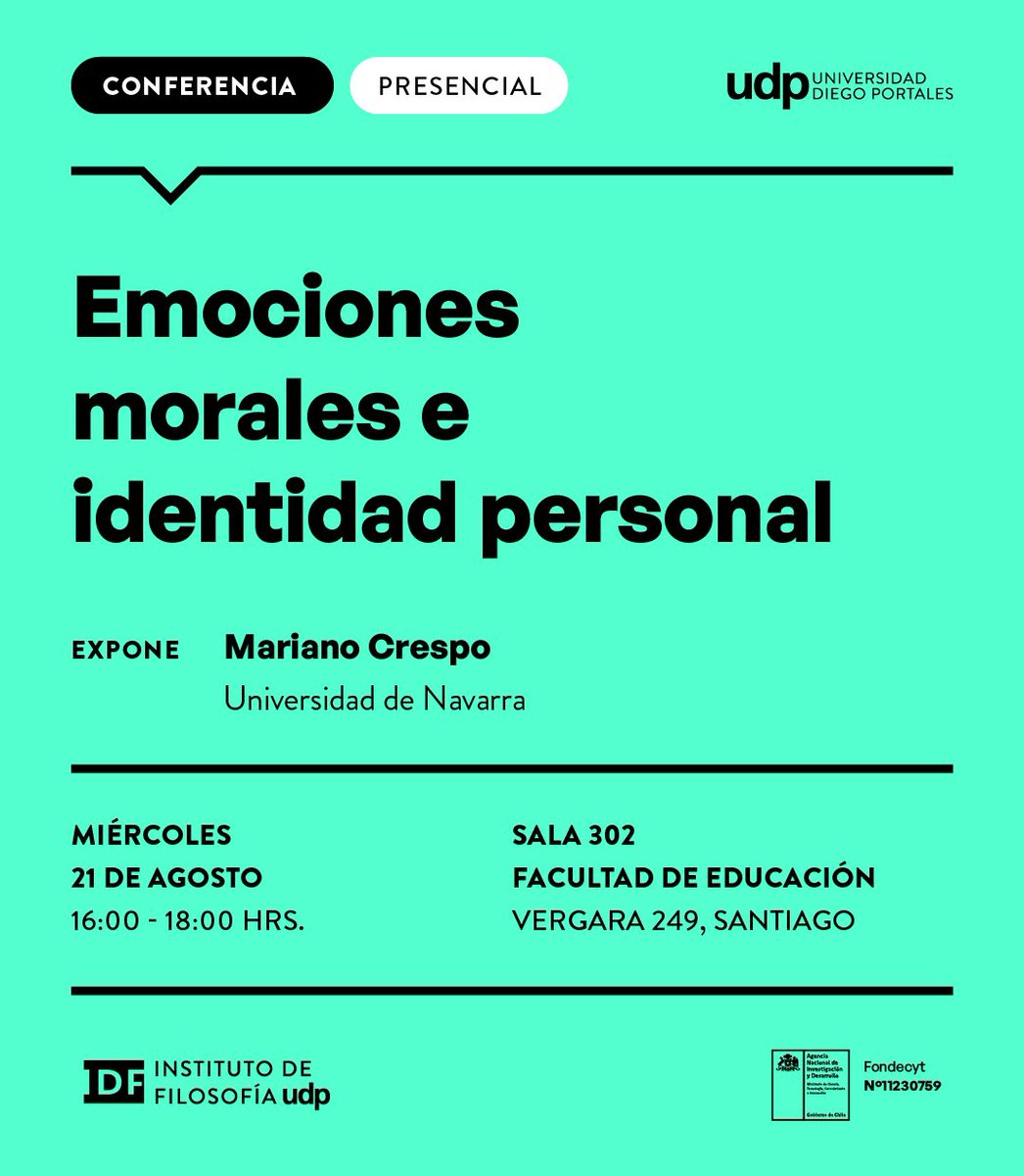 Mañana miércoles 21 de agosto, a las 16:00 horas, el profesor Mariano Crespo (Universidad de Navarra) dictará la conferencia «Emociones morales e identidad personal».

¡No te lo pierdas!