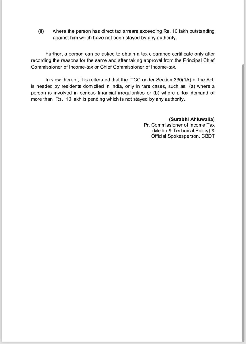 IncomeTaxIndia's tweet photo. CBDT issues clarification in respect of Income-tax clearance certificate (ITCC). 

It is being erroneously reported that all Indian citizens must obtain ITCC before leaving the country. This position is factually incorrect. 

Vide Finance (No.2) Act, 2024, Black Money (Undisclosed Foreign Income and Assets) and Imposition of Tax Act, 2015 ( the ‘Black Money Act’)  has been added to the list of Acts u/s 230(1A) of the Income-tax Act, 1961, whereby any resident leaving the country is required to obtain a tax clearance certificate in certain circumstances. 

This insertion has been made only to cover the liabilities under the Black Money Act. 

For details, pl check the Press Release:
https://t.co/ojceAKuixM