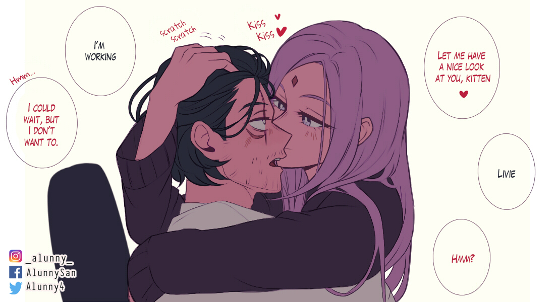 Picking up on the kitten dynamic, where they alternate needs for affection, Livie seeks affection and attention from her busy boyfriend 🩵🖤✨ Their relationship is more solid as the years go by.

And yes! Aizawa with short hair! 💓✨

#mhaoc #LiviexShouta #LiviexAizawa #ocxcanon