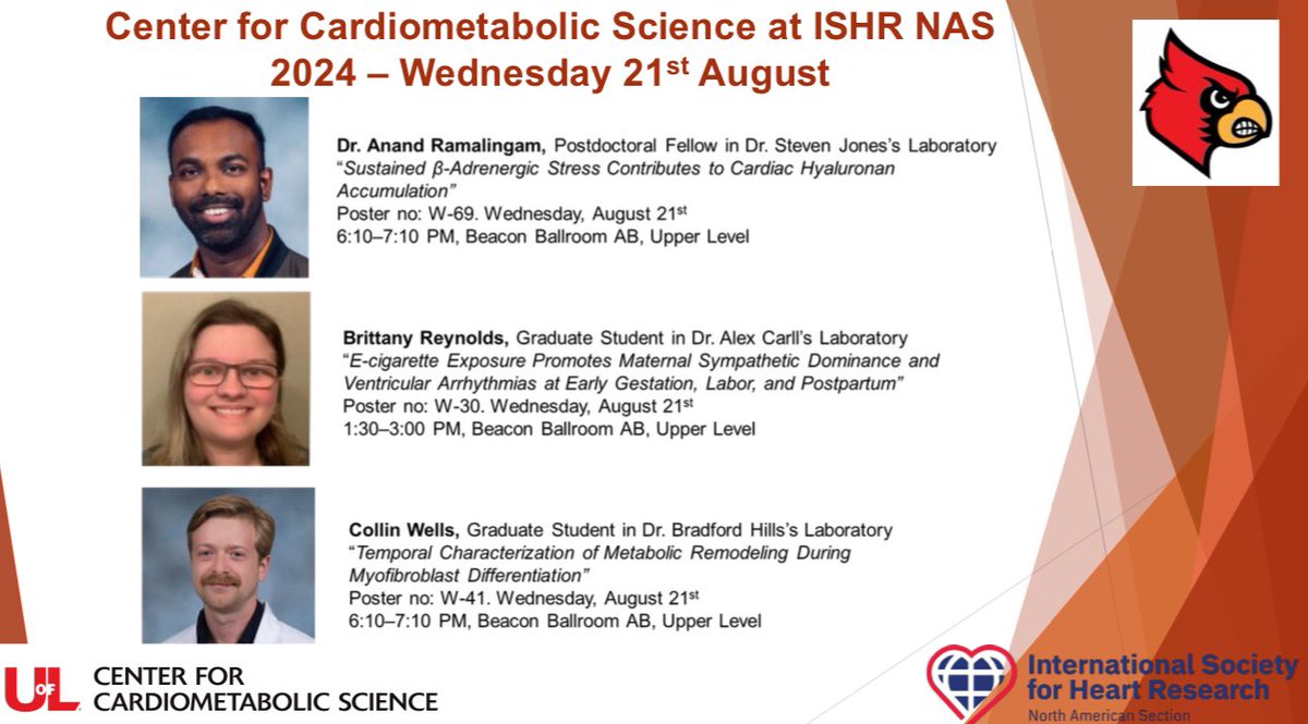 CardioMetaboSci's tweet photo. Three Trainees from the Center, Dr. Anand Ramalingam, Brittany Reynolds, and Collin Wells, will all be presenting posters on their studies in the two scheduled poster sessions (1:30–3 pm and 6:10–7:10 pm) tomorrow at #ISHRNAS2024 https://t.co/jiUNeOPuKv