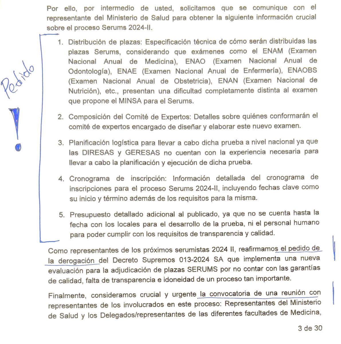 EdMalagaTrillo's tweet photo. Ayer me reuní en el @Minsa_Peru con el ministro Vásquez y su equipo para tratar diversos temas, en particular, la problemática del #SERUMS2024.

Trasladé al ministro mis reparos y el malestar de egresados, docentes y facultades de diversas carreras afectadas por el nuevo examen, y le pedí que transparente su denuncia sobre mafias en el ENAM.

El ministro se comprometió a responder esta semana una carta firmada por >600 egresados en la que solicitan la derogatoria y piden saber: 1) el criterio para la distribución de plazas SERUMS, 2) la composición del comité de expertos a cargo del nuevo examen, 3) la planificación y logística disponibles para el mismo, 4) el cronograma de inscripciones y 5) un presupuesto detallado.

En particular, el ministro prometió respetar los derechos de quienes dieron el ENAM en diciembre 2023, pues no corresponde que se les asigne plazas con el mismo criterio que a quienes darán el nuevo examen este septiembre, que por cierto, sería el mismo para todas las carreras.

También le recomendé que de seguir adelante con el nuevo examen, este no debería ser sólo gratuito y descentralizado, si no que POR SOBRE TODO CRITERIO, debe asegurar un nivel de exigencia superior, acorde con la calidad de atención de salud que merecen nuestros ciudadanos, y en especial, las comunidades atendidas por serumistas.

A pocas semanas del nuevo examen, aún no sabemos qué expertos se encargarán de prepararlo, con qué criterios, y sobre qué temas versará, es decir, no tenemos garantías sobre la calidad del mismo. Por eso le pedí con urgencia al ministro difundir esta información, publicar un examen de muestra, y convocar a una audiencia pública con todos los involucrados, para resolver dudas y cuestionamientos.

Esta semana continuaremos las gestiones y reuniones en favor de los serumistas de todas las carreras de ciencias de la salud.