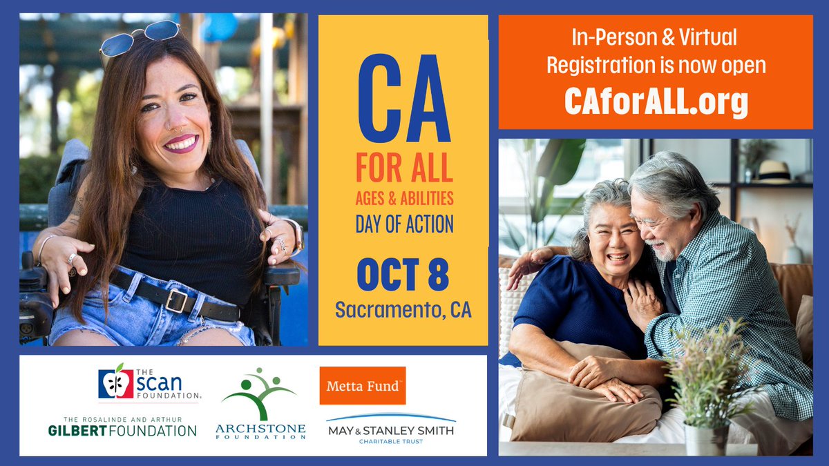 CalAging's tweet photo. #RegisterNow #CA4ALL Ages & Abilities Day of Action is happening this fall! Join us on October 8 to highlight the #MasterPlanforAging progress and renew our shared commitment to #olderadults, #peoplewithdisabilities, and #caregivers in California.
https://t.co/0re59ZyIxc https://t.co/df6d6tdT1F