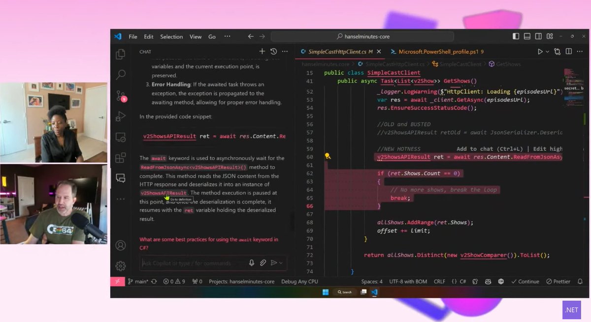 augvcor's tweet photo. One of my favorite person in #dotnet, @shanselman, kickstarting #dotnetconf #FocusOnAI with how @github #CoPilot is your junior pair programmer you can collaborate over long conversations and then was joined by Maria in demoing how to convert a modern app into an intelligent app https://t.co/5lG7T7OLNA