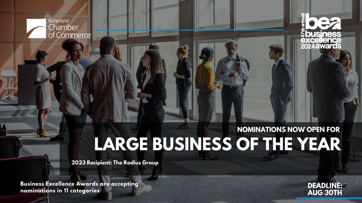 Shine a light on exceptional large businesses! 

Nominate an organization with more than 50 full-time employees that showcases continual growth, financial success, and exceptional leadership for the Large Business of the Year award: richmondbea.awardify.io/nominate-now

#bea2024