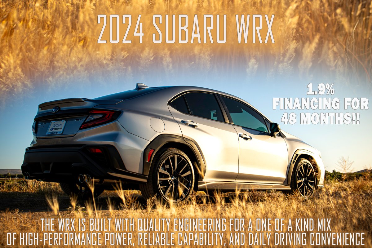 TucsonSubaru's tweet image. ✨This month only at Tucson Subaru, drive home in the brand-new 2024 Subaru WRX with an unbeatable 1.9% financing for 48 months! Built for those who crave excitement, the WRX combines power, precision, and style.
📞 Call us at (520) 721-2400 #SUBARU #WRX #DealDetector #Arizona