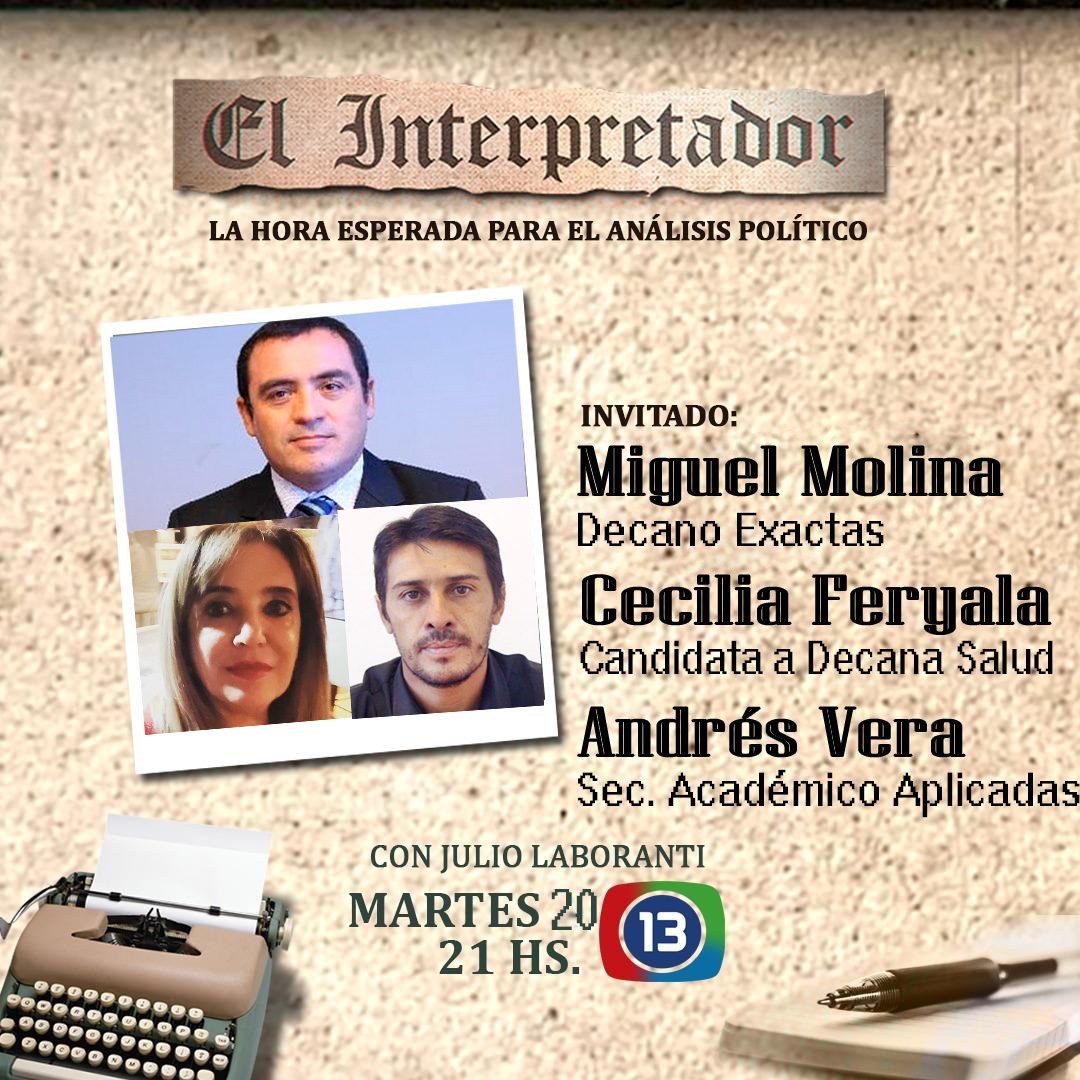 PARÁ LA OREJA: esta noche en #ElinterpretadorTV nos visita el Mtro Prod y Amb <a href="/ErnestoHarry/">ernesto perez</a> . Además, nos metemos en las elecciones en la UNLaR: vienen el Decano de Exactas Miguel Molina, la cand a Decana en Salud Cecilia Feryala y el Sec Académico de Aplicadas <a href="/Arq_Andresvera/">Andrés Vera</a>