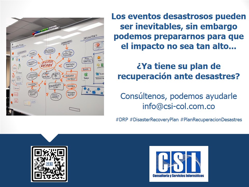 csi_col's tweet photo. Los eventos desastrosos pueden ser inevitables, sin embargo podemos prepararnos para que el impacto no sea tan alto...
¿Ya tiene su plan de recuperación ante desastres (DRP)?
Consúltenos, podemos ayudarle info@csi-col.com.co
#DRP #DisasterRecoveryPlan #PlanRecuperacionDesastres https://t.co/2CDagXQyz7
