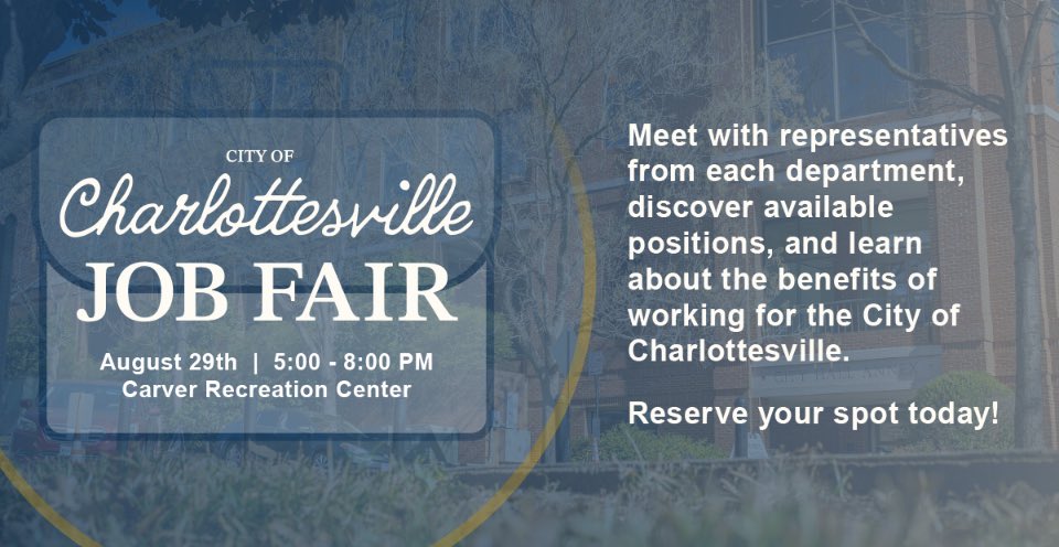 Join us at the City of Charlottesville Job Fair on August 29th, from 5:00 PM to 8:00 PM at the Carver Recreation Center!

For more information and to reserve your spot click 👉: eventbrite.com/e/city-of-char…