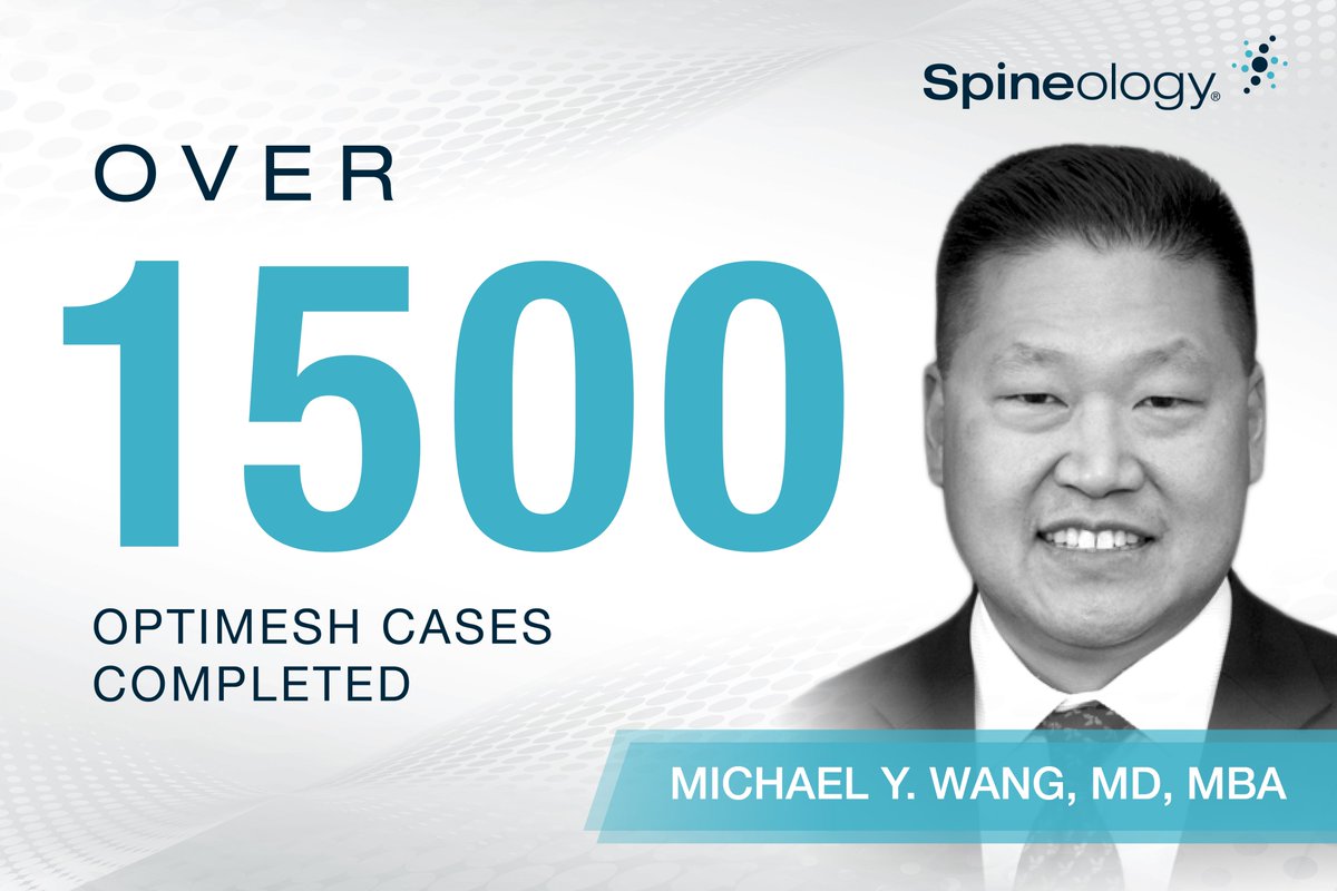 SpineologyInc's tweet photo. Join us in celebrating Michael Y. Wang, MD, MBA, for achieving a remarkable milestone of over 1500 successful cases using the #OptiMesh system.

#Spineology #ConformandExpand #ProvenOutcomes #surgeons #surgeon #spine #medicaldevices #medtech #hospitals #innovation #healthcare https://t.co/TuMWfpXWHN