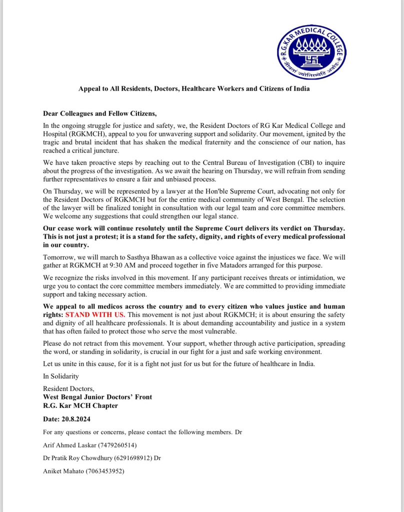 UDF_BHARAT's tweet photo. We stands firmly with RG Kar Medical College residents in their fight for justice and safety.This movement transcends boundaries,it’s a stand for the dignity and rights of all healthcare professionals in India. Let’s unite for a safer future. https://t.co/YamA8Za1dc