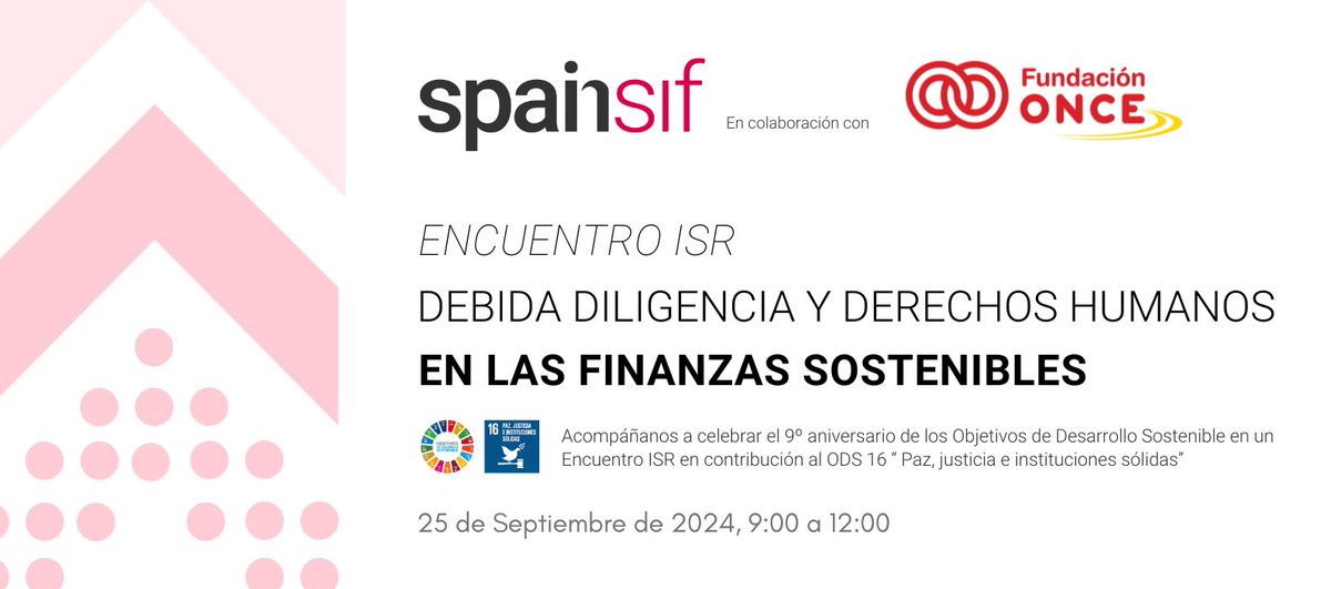 📅 #SaveTheDate

El 25 de septiembre celebraremos el Encuentro ISR "#DebidaDiligencia y #DerechosHumanos en las #FinanzasSostenibles" en colaboración con <a href="/Fundacion_ONCE/">Fundación ONCE</a> 

📝 📚 ¡Presentaremos el #EstudioTemático de Spainsif al respecto!

🔗 Registro: spainsif.es/events/encuent…