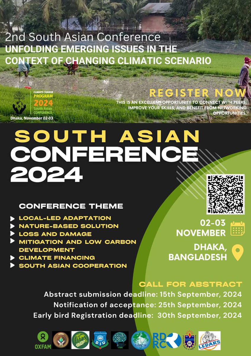 cpe_bd's tweet photo. 2nd South Asian Conference is going to be held on 02-03 November 2024.Abstract submission deadline 15 September 2024. Submit your abstract. 

More details: https://t.co/bXfLZa3Ksb

#SouthAsia #research #conference2024 #Bangladesh #climate #resilience #NBS #LLA #HUB #scholarship https://t.co/3xksLk1TnL