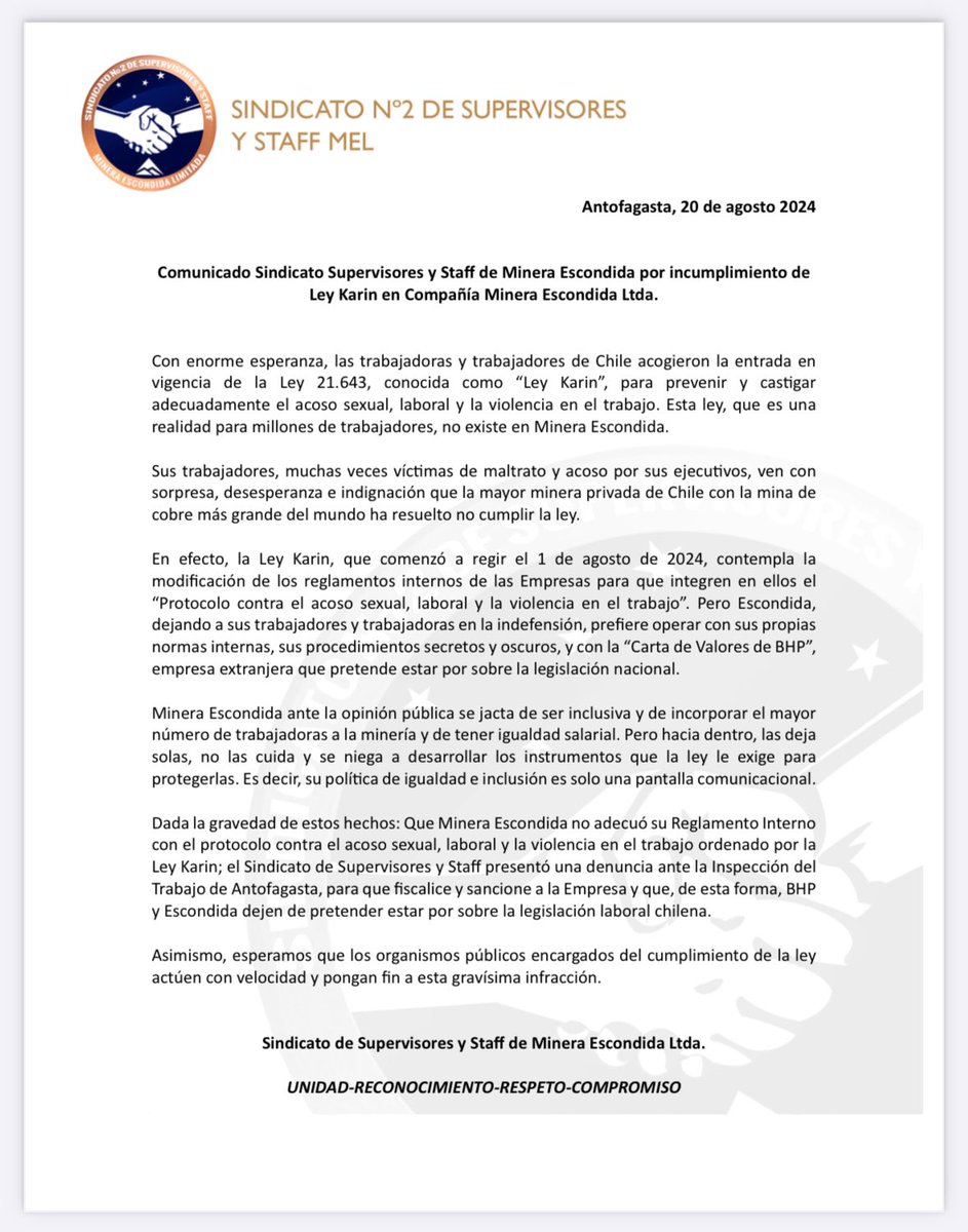 🟠🔵 COMUNICADO | Sindicato de Supervisores y Staff Minera Escondida <a href="/bhp/">BHP</a> presenta denuncia ante <a href="/DirecDelTrabajo/">Dirección del Trabajo</a> por incumplimiento grave a Ley Karin. Esperamos se corrija a la brevedad por resguardo a derechos de trabajadores y trabajadoras 

<a href="/MintrabChile/">Trabajo y Previsión Social</a> <a href="/jeannette_jara/">Jeannette Jara Román</a>