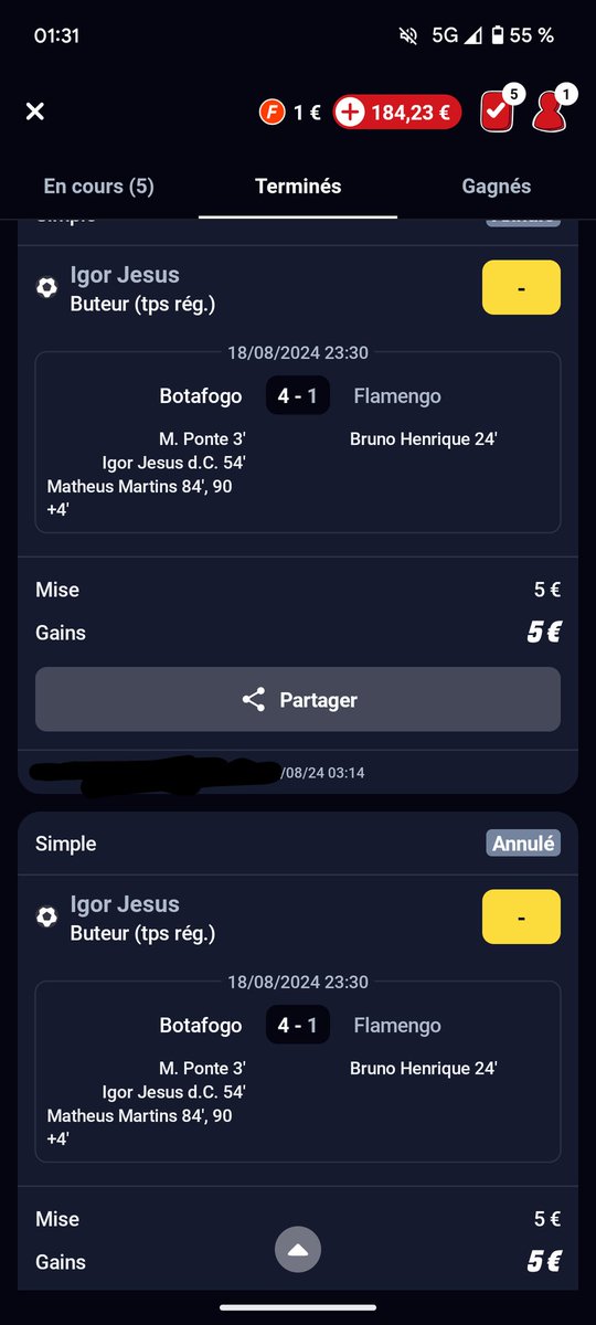 dwk37k's tweet photo. Bonjour @Betclic . Vu que pas de retour du service client ou en DM, je passe ici.
Pari pris sur Igor Jesus annulé après coup. Nom du joueur qui ne serait pas le bon, pourtant screen prouvant que c'est bien Igor Jesus.
@Papa_rieur @pronoland_ @Janusport @LightPronos https://t.co/6phBXC1Qjs
