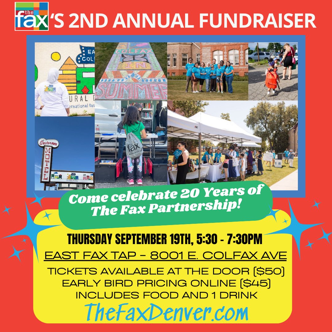 PartnershipFax's tweet photo. The Fax's 2nd Annual Fundraiser; celebrating 20 years of always strengthening &amp; supporting those who live and work in  East Colfax. Join us for a silent auction on September 19th from 5:30 to 7:30 pm.

Tickets are available by visiting our website @thefaxdenver.com
#fundrasing https://t.co/YEwI14u3NS