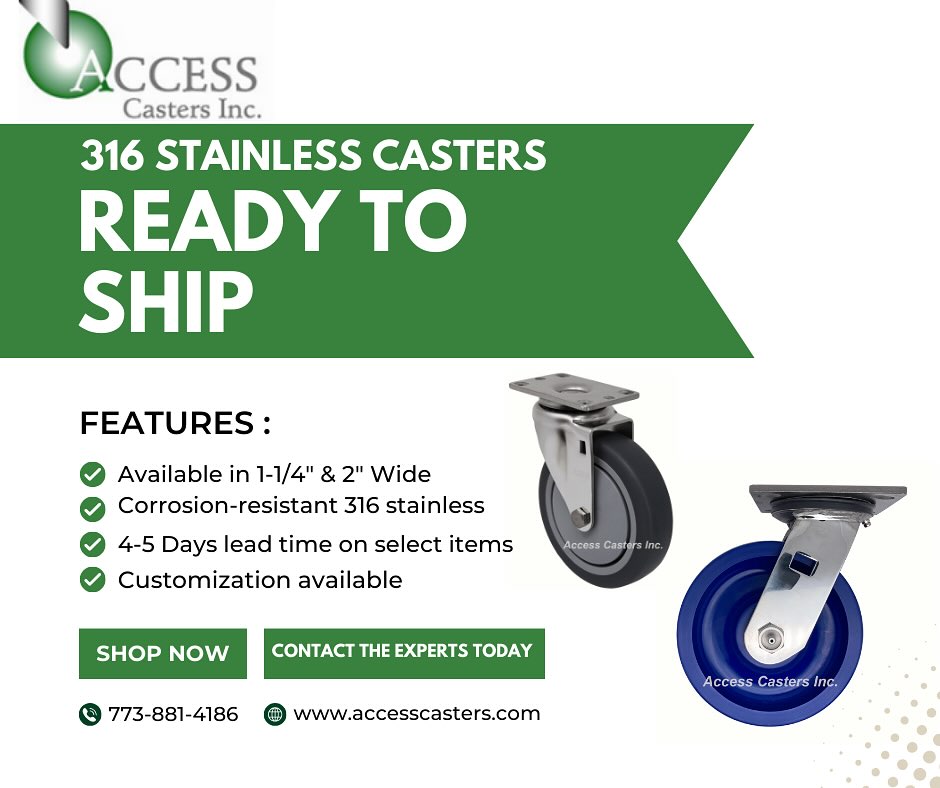 AccessCasters's tweet photo. 316 Stainless steel casters ready to ship. Call the experts today! #Casters #wheels #stainlesssteel #Chicago #Engineering #MRO https://t.co/zYZ33FZVRU