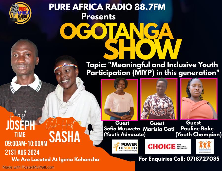 Meaningful &amp; Inclusive Youth Participation means that young people work in all stages of decision-making &amp; can participate on equal terms with adults at all levels.

Join our team this Wednesday from ⌚ 9:00AM EAT at <a href="/PureAfricaRadio/">Pure Africa Radio 88.7FM</a> unpacking MIYP.

Link: stream.zeno.fm/bry26qmt2ufvv