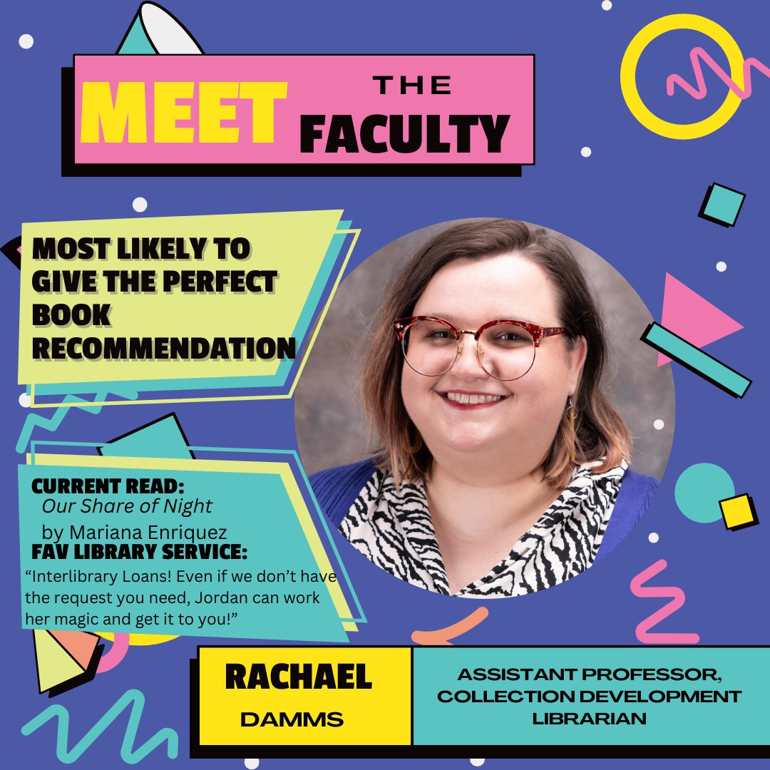 MUWLibrary's tweet photo. Meet the Tech Services team! Rachael Damms, Anita Pintado, Jared Quist, and Leslie Massey! From general library knowledge to providing all the best ways of navigating the library, ask any of them for advice on our collection. https://t.co/n8K6C04J49