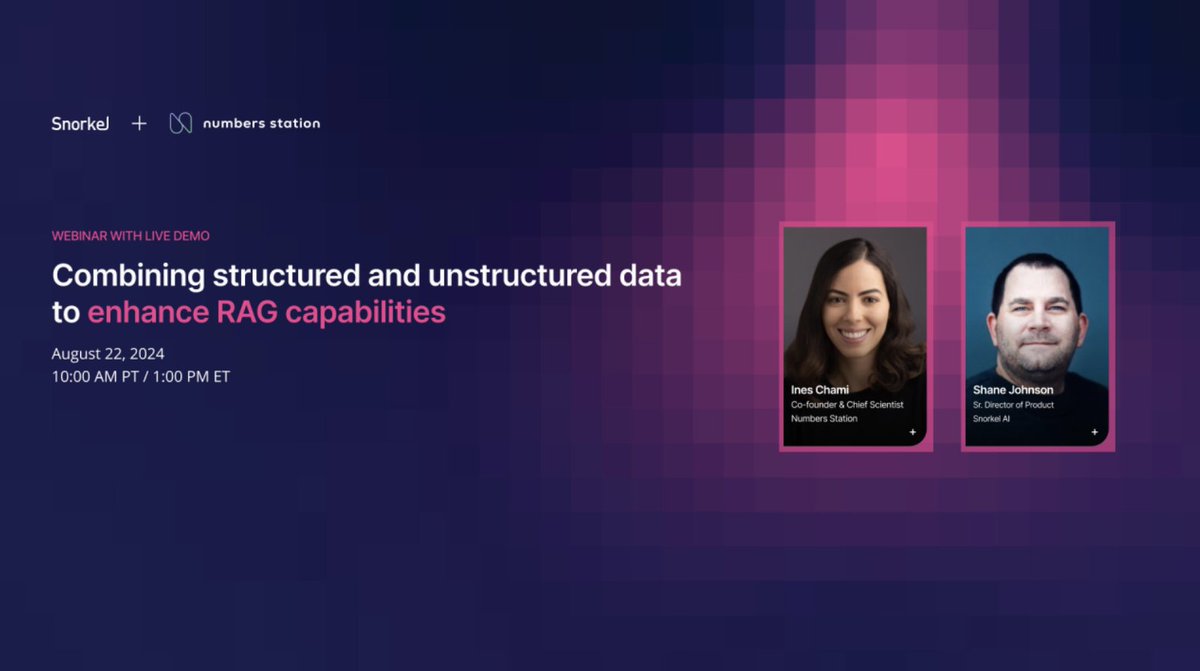 Numbers Station AI (@numbersstnai) on Twitter photo 🚨 T-2 days until our joint webinar with <a href="/SnorkelAI/">Snorkel AI</a> 🤿
Co-founder & Chief Scientist <a href="/chamii22/">Ines Chami</a> dives into how we use RAG & a multi-agent architecture for structured & unstructured data within data workflows.
📷 Space is filling up! Register today.
snkl.ai/enhance-rag 🚨 T-2 days until our joint webinar with <a href="/SnorkelAI/">Snorkel AI</a> 🤿
Co-founder & Chief Scientist <a href="/chamii22/">Ines Chami</a> dives into how we use RAG & a multi-agent architecture for structured & unstructured data within data workflows.
📷 Space is filling up! Register today.
snkl.ai/enhance-rag
