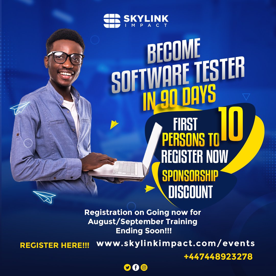 SkylinkConsult's tweet photo. What are u still waiting for? 
The first 10 persons to register now will be offer a massive sponsorship discount for the training
So rush now!!!
Register here https://t.co/NcSuhckz0N
#Software
#tech
#techskills https://t.co/eMTUidolB7