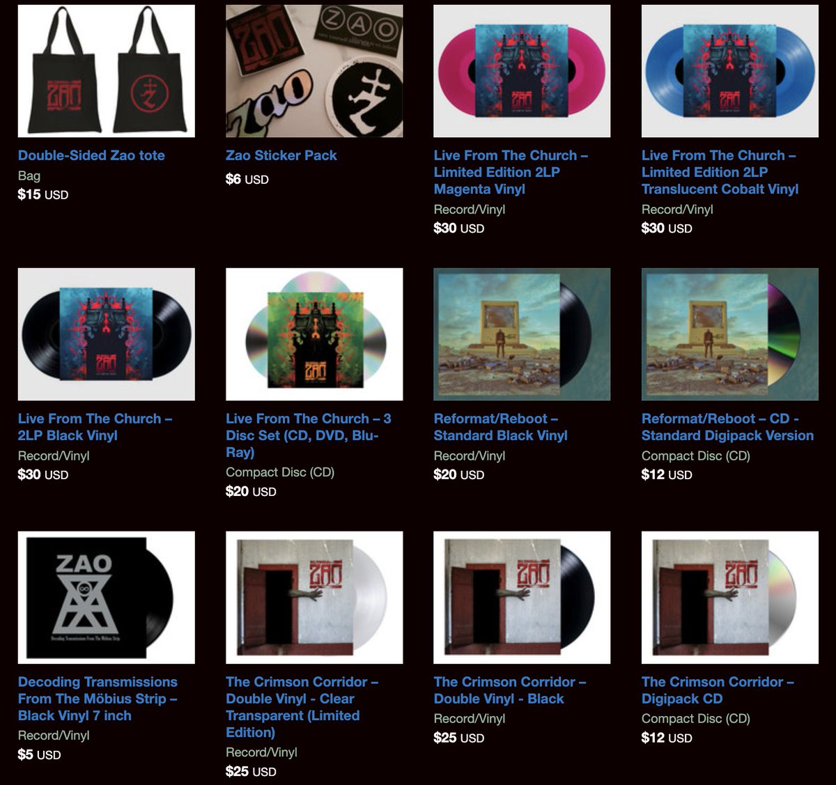 OfficialZao's tweet photo. Some tour leftovers in stock at bandcamp (some totes and sticker packs). Also 2 copies of the Magenta limited Live from The Church. And a small amount of Cobalt Limited. Also, last copies of Clear Crimson Vinyl. https://t.co/gzycOTP7ox https://t.co/oH6EGvWMYM