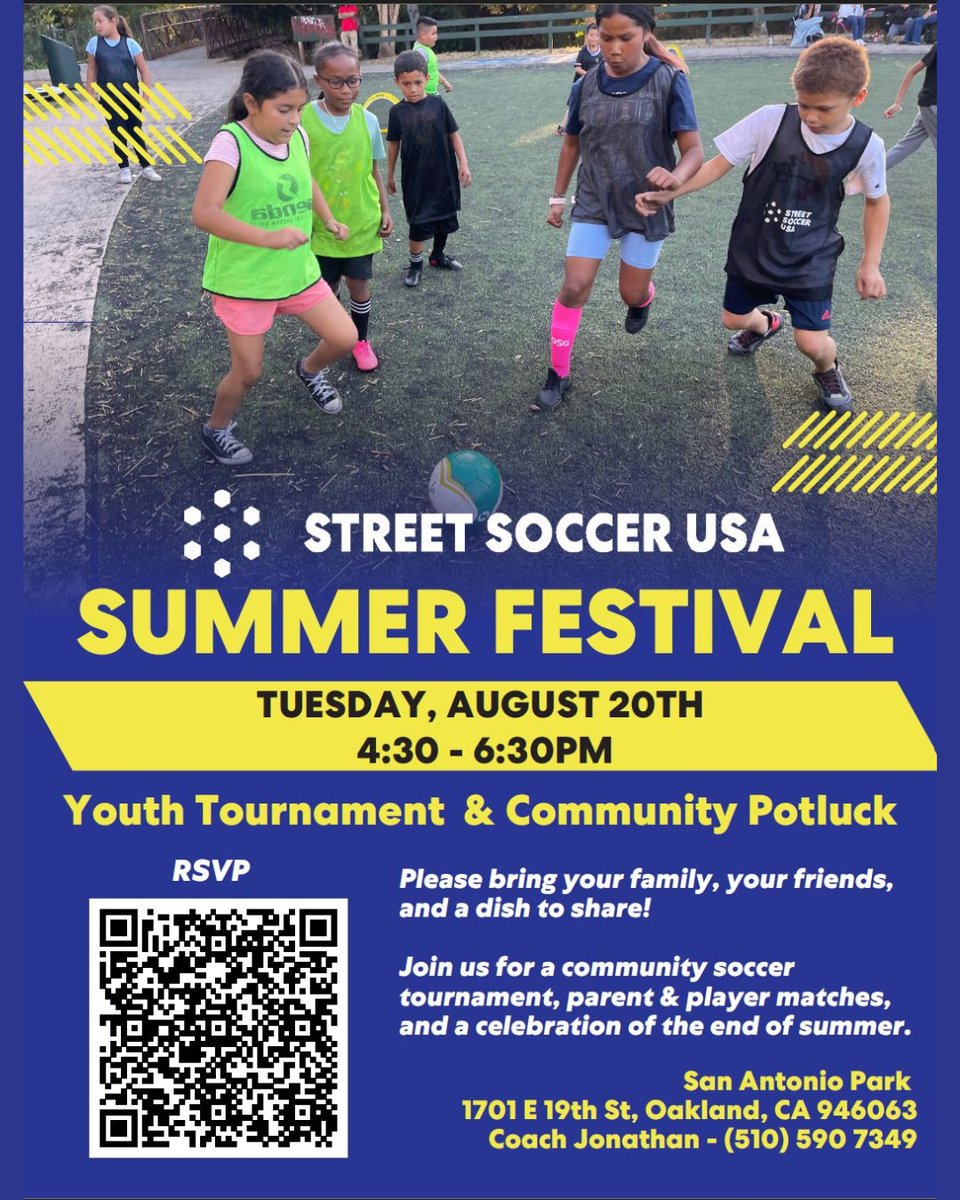 We hope to see you later today at San Antonio Park for the Youth Tournament &amp; Community Potluck! Don't forget to scan the QR Code to RSVP.

Let's celebrate the end of summer with the some footy and food. ⚽️🍽️