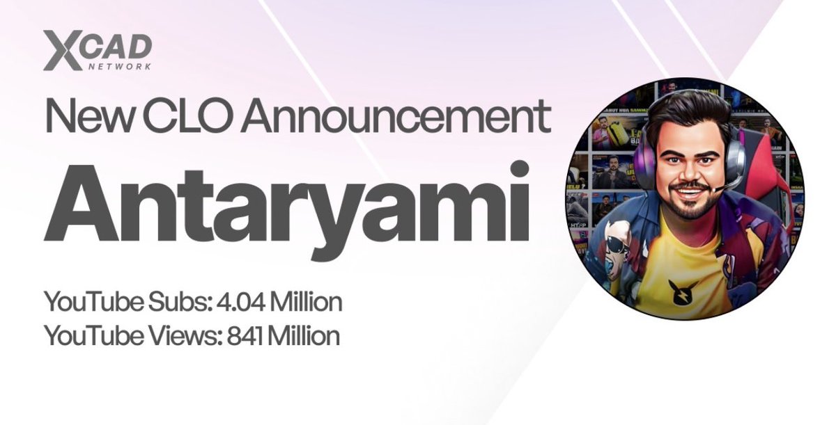 Another new CLO announcement! 🥳

YouTuber Antaryami Gaming has 4 million subscribers and over 841 million video views on his YouTube channel. 🌟 

Antaryami’s CLO will go live tomorrow on the XCAD launchpad, with tokenomics &amp; further information released tomorrow when the CLO