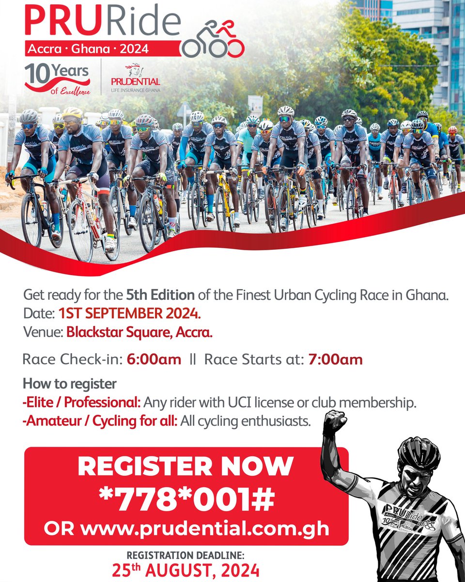 PruLifeGhana's tweet photo. GET READY TO RIDE! 🚴‍♂️💨

Join the ultimate urban cycling experience in Ghana - PruRide 2024.

Short Code: *778*001#
Website: https://t.co/QDgJKSfTUB

Don't miss out on the prizes, secure your spot today! 

#PruRide2024 
#UrbanCycling 
#Ghana 
#ADecadeOfExcellence https://t.co/qW8wfcZKth