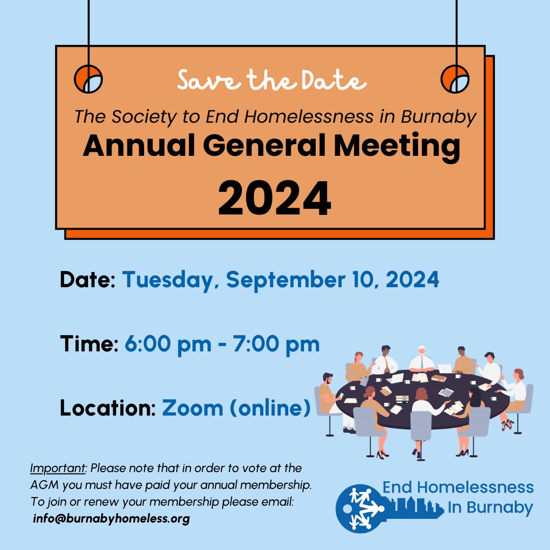 📢 Save the Date for our Annual General Meeting 2024! 📢 Come to hear our updates and the amazing stories of progress in caring for the unhoused in Burnaby!

Date: Tuesday, September 10, 2024

Time: 6:00 pm - 7:00 pm

Location: Zoom (online)