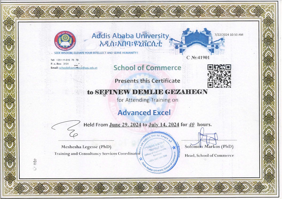 SefinewDemlie's tweet image. Mr. Excel!
Have just completed a training on #Advanced_excel.
Families & friends named me Mr. Excel.
@AddisAbabaUnive #AAUschool_of_commerce
#Data_management
#Digital_Skills