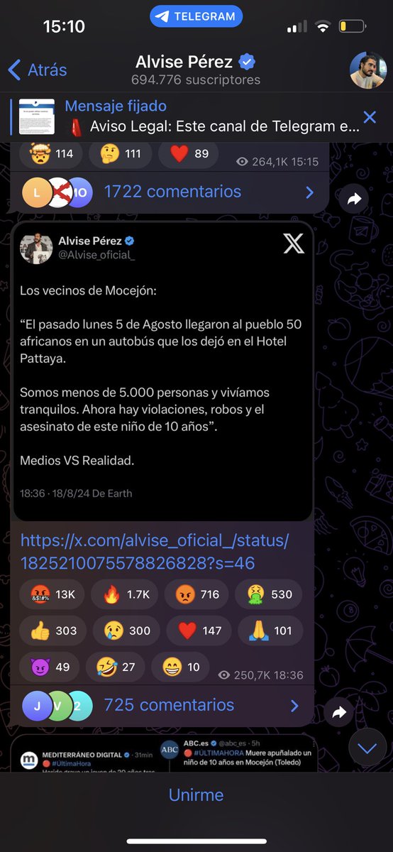 AntonioMaestre's tweet photo. Voy a explicar cómo se busca que surja un linchamiento. 

Alvise Perez publicó en su canal de Telegram tras el asesinato de Mateo y cuando no había información sobre la autoría que los vecinos del pueblo sospechaban de un hotel donde se encontraban alojados 50 inmigrantes. 

El mensaje, que continúa en el canal, recibió más de 700 mensajes. 

En este hilo incluiré algunos de los más graves. Por si interesa a la fiscalía.