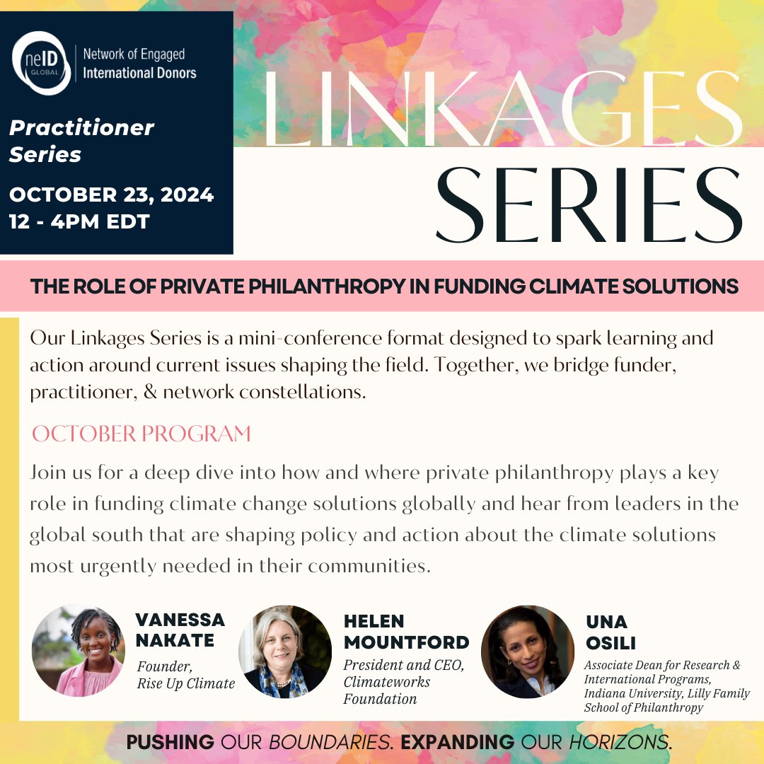 WINGS (@wings_info) on Twitter photo Join <a href="/NEIDonors/">NEID Global</a>'s Linkages Series on October 23 for a deep dive into how private #philanthropy can fund #ClimateChange solutions globally. Hear from <a href="/vanessa_vash/">Vanessa Nakate</a>, <a href="/HMountford4/">Helen Mountford</a> & <a href="/UOsili/">Una Osili</a> on the most urgent climate solutions.
👉: ow.ly/tsXF50SOZj8
#PhilanthropyForClimate Join <a href="/NEIDonors/">NEID Global</a>'s Linkages Series on October 23 for a deep dive into how private #philanthropy can fund #ClimateChange solutions globally. Hear from <a href="/vanessa_vash/">Vanessa Nakate</a>, <a href="/HMountford4/">Helen Mountford</a> & <a href="/UOsili/">Una Osili</a> on the most urgent climate solutions.
👉: ow.ly/tsXF50SOZj8
#PhilanthropyForClimate