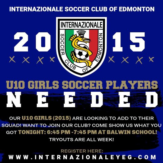 Our U10 Girls (Birth Year 2015) are looking to add to their squad! TONIGHT from 6:45pm-7:45pm at Balwin School! Can’t make it tonight? No worries, TRYOUTS go until Friday, August, 23, 2024! Hope to see you on the pitch tonight!

REGISTER BELOW:
👇🏻👇🏻👇🏻
internazionaleyeg.com