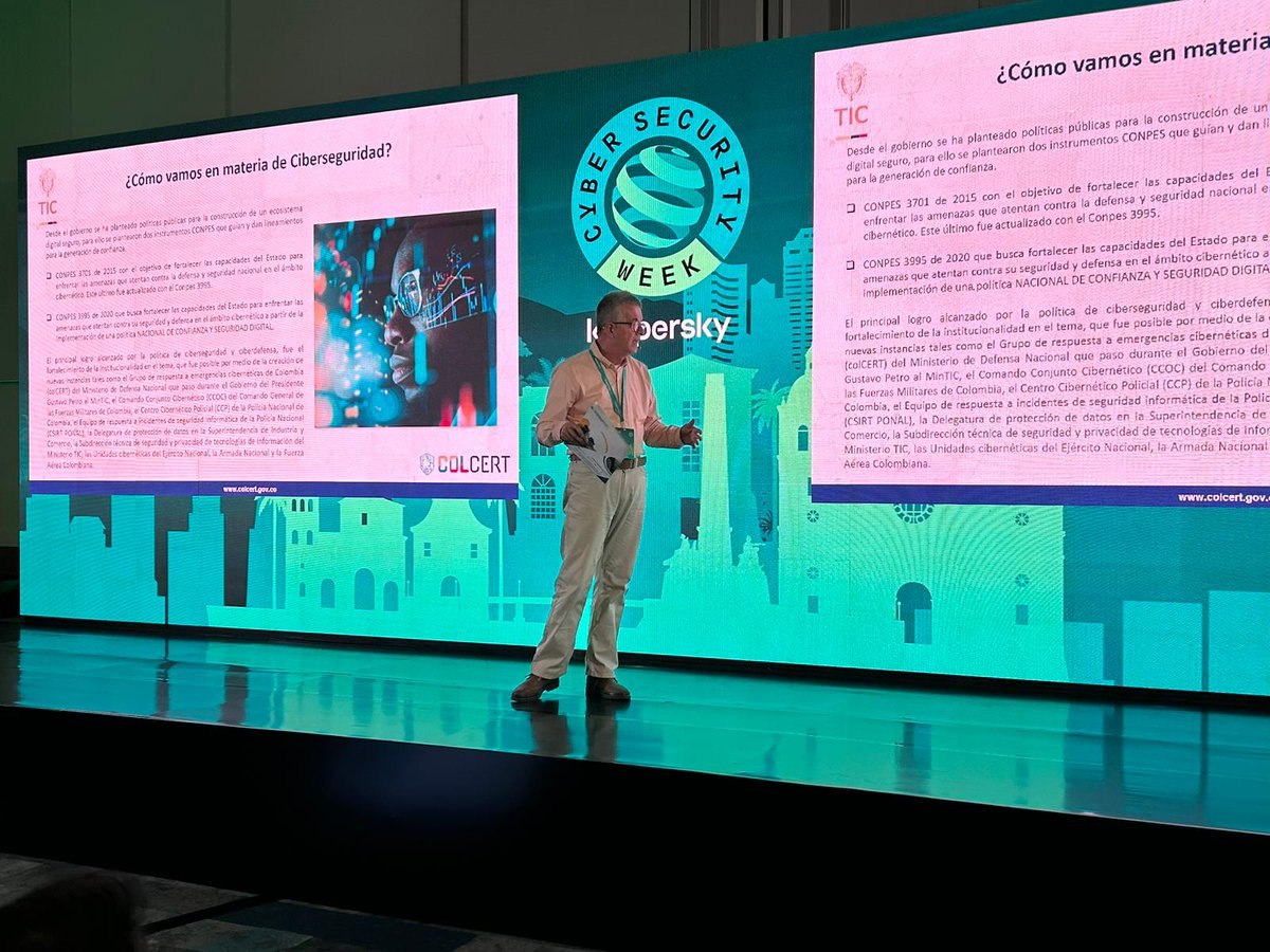 KasperskyLatino's tweet photo. Belfor García, Viceministro de Transformación Digital en Colombia, charló acerca de contexto en matería de #ciberseguridad, comportamiento y desarrollo de amenazas, costo de incidentes, el objetivo principal de los cibercriminales y los avances que se han obtenido. #CSWLATAM https://t.co/CsVkw1H0z3