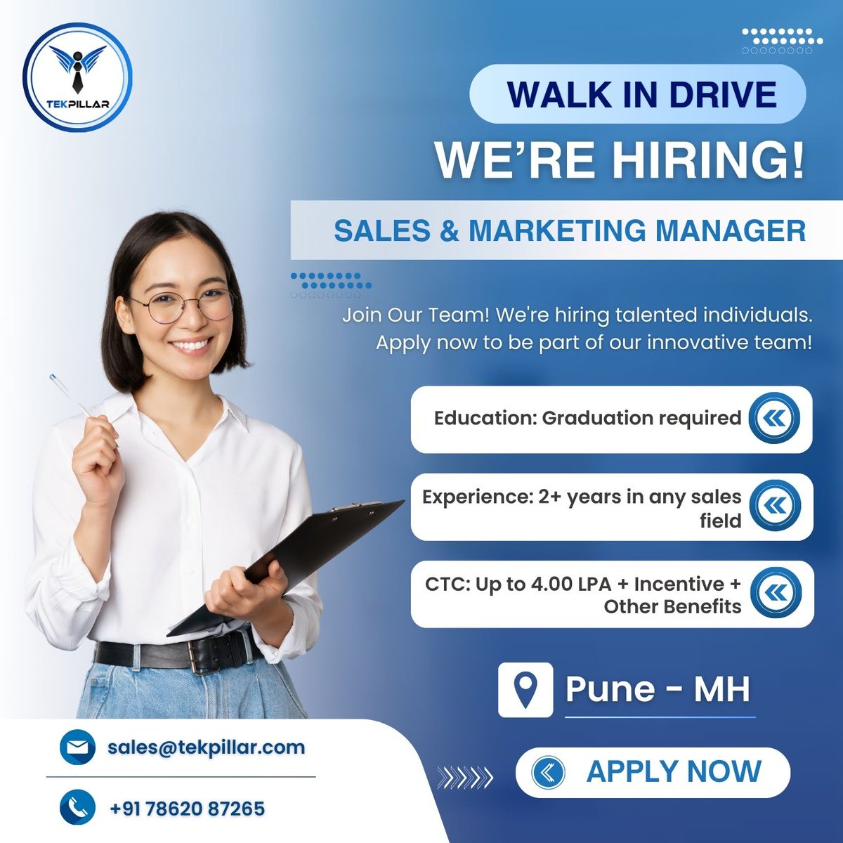 tekpillar's tweet photo. 📢 𝐎𝐩𝐩𝐨𝐫𝐭𝐮𝐧𝐢𝐭𝐲 𝐀𝐰𝐚𝐢𝐭𝐬!

👤𝗣𝗼𝘀𝗶𝘁𝗶𝗼𝗻 : Sales and Marketing Manager
🌍𝗟𝗼𝗰𝗮𝘁𝗶𝗼𝗻 : #Pune

𝗔𝗽𝗽𝗹𝘆 :
📱 Call: +91 78620 87265
📧 E-mail : sales@tekpillar.com
🌐 Visit: https://t.co/JoursIVHlt

#sales #marketing #banking #agency #insurance #tekpillar https://t.co/p4IdcnYvUT