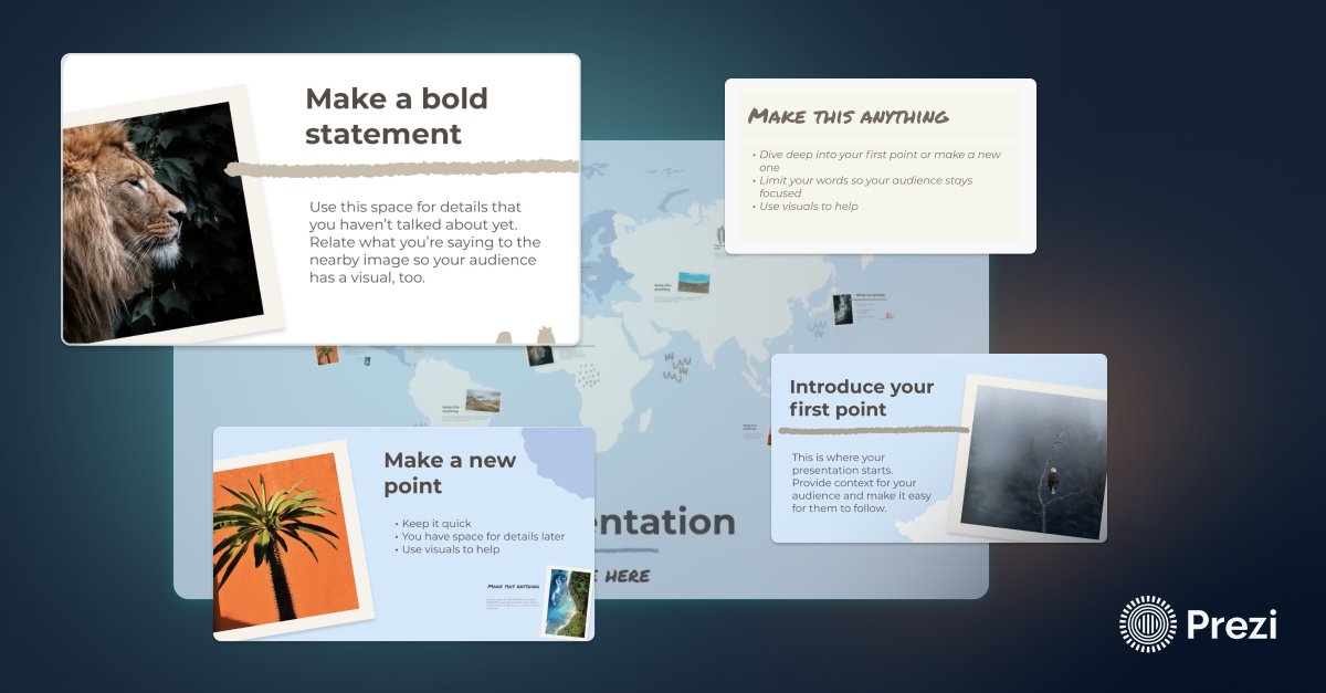 prezi's tweet image. Unlock the power of maps to elevate your company&apos;s history or project progress report. 🌍🗺️

And, they&apos;re AI-assisted templates so you can use Prezi AI to quickly add content.

🌟Try it out at prezi.com.

#mindmap #projectroadmap #worldmap #templates