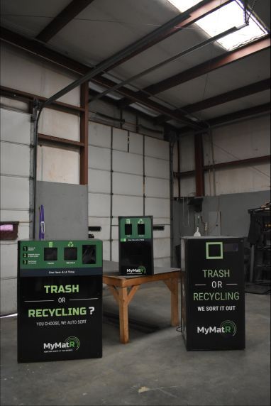 MyMatR Family Portrait 📸 ⭐ featuring the Interactive model, the MyMatR Mini demo unit, and the Toss N' Go model. 

Book a call to learn how MyMatR's smart waste containers can help you achieve your waste management goals -> buff.ly/4fQZ2Bi