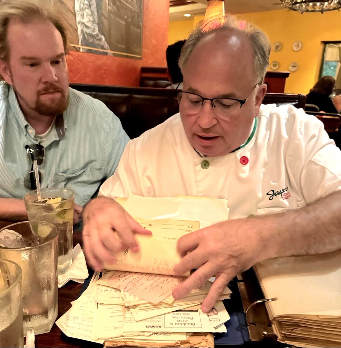 Michael Mackie (@m2esq) on Twitter photo For years, <a href="/jasperskc/">Jasper's Restaurant</a> has hyped this magical book of all his Dad's recipes.
He calls it "the Bible."
It's the stuff of lore—like, Narnia.
Last night, he brought it out to refresh his memory on an amaretto budino recipe he was resurrecting.
Folks, I just saw the Holy Grail. For years, <a href="/jasperskc/">Jasper's Restaurant</a> has hyped this magical book of all his Dad's recipes.
He calls it "the Bible."
It's the stuff of lore—like, Narnia.
Last night, he brought it out to refresh his memory on an amaretto budino recipe he was resurrecting.
Folks, I just saw the Holy Grail.