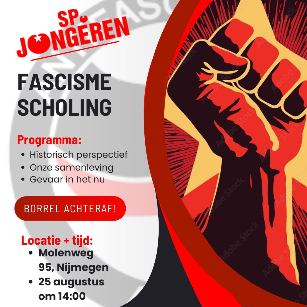 ❗️SAVE THE DATE❗️

Zondag 25 augustus geven wij een scholing over fascisme!

Wat is het? Hoe is het ontstaan? Is het nog relevant? 

Met een borrel achteraf, wees erbij! 🤩🍹

25 augustus om 14:00 aan de Molenweg 95, Nijmegen.
Meld je aan via nijmegenjongeren@sp.nl of via dm🍅